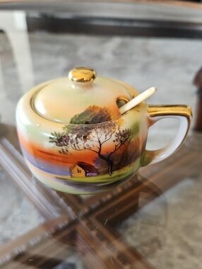 Vintage Hand-Painted Sunset Landscape Scene Mustard Bowl - Noritake